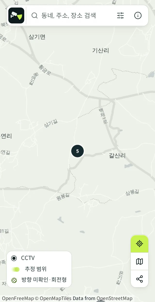 Viewcone opened at 36.00000, 127.00000, showing a single cluster of CCTV sites in open farmland