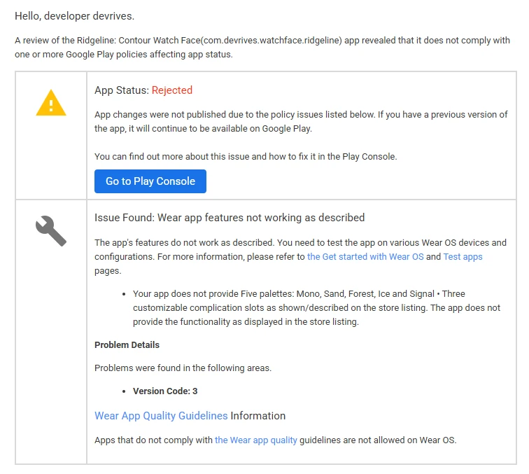 The actual rejection email - for vc3 it says the app "does not provide Five palettes [...] and Three customizable complication slots" from the store listing
